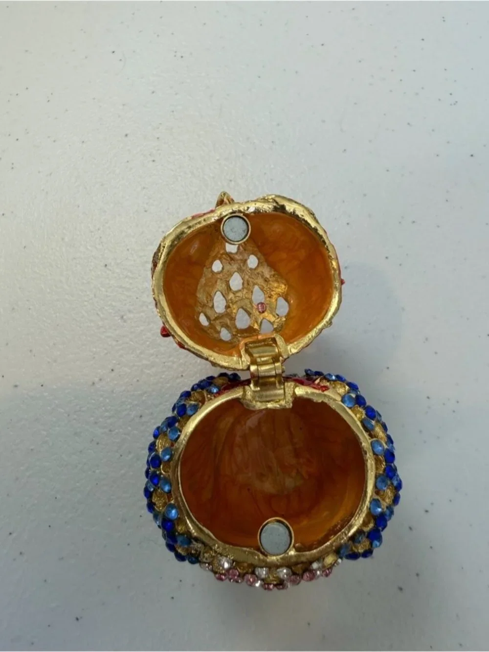 Cloisonné Owl Trinket Box Hinged Jewelry Ring Holder Rhinestone Necklace Red